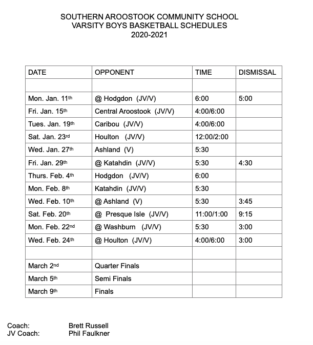 Varsity Basketball Schedules 2021