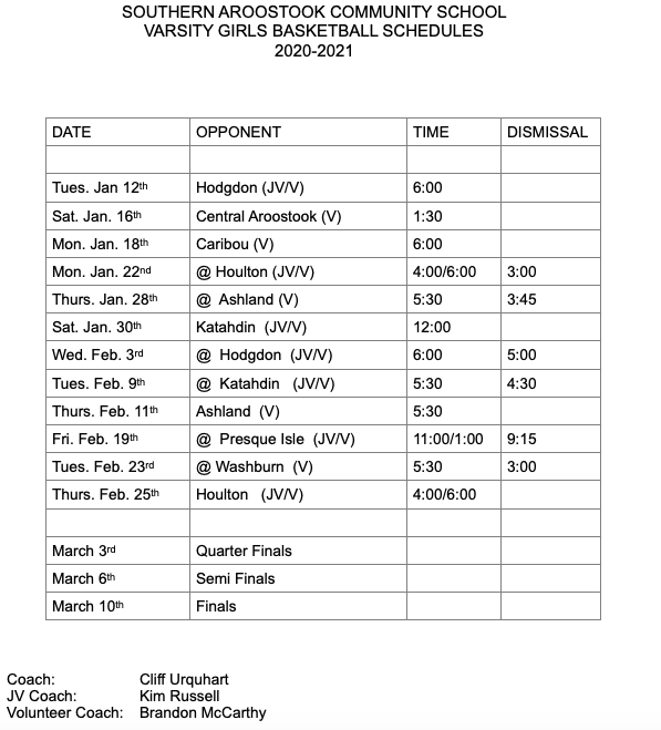 Varsity Basketball Schedules 2021